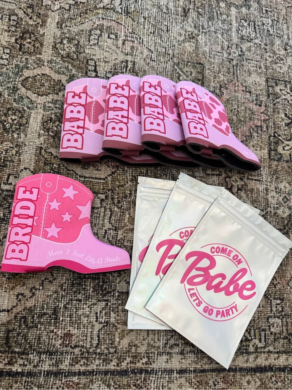 Pink 'BABE' & 'BRIDE' Boot Can Coolers with Holographic 'Babe' Bags
